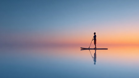 Lone paddleboarder glides across tranquil waters during a breathtaking sunset, creating a perfect reflection. The vibrant sky transitions from warm orange to cool blue huesの素材