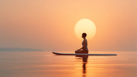 Woman finds inner peace practicing yoga on a paddle board, surrounded by the tranquil waters, during a vibrant sunset, creating a serene and mindful atmosphereの素材