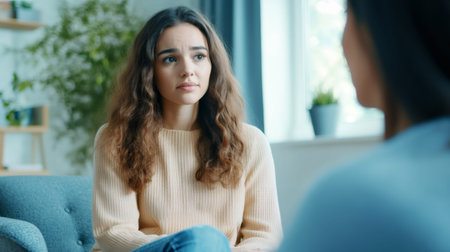 Woman sharing emotional struggles with counselor, sitting on soft sofa during therapeutic consultation, working through personal stress and mental challengesの素材