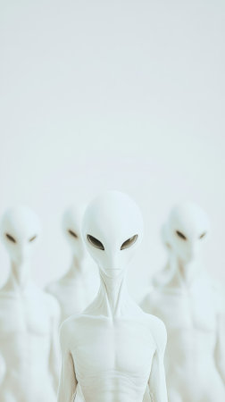 Humanoid aliens gathering inside spacecraft, intently watching with intense gazes while surrounded by stark white background, revealing otherworldly presenceの素材