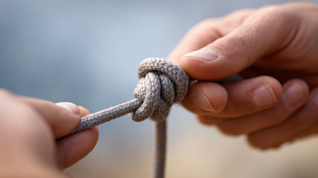 Close up of a climber skillfully tying a knot in a rope during a summer camping trip, highlighting vital survival skills essential for outdoor adventures and explorationの素材