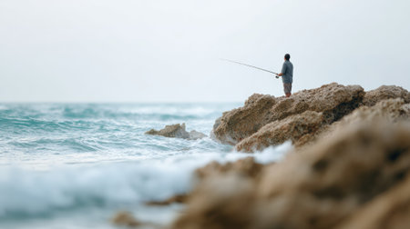 Fisherman standing on rugged rocks at the oceans edge, casting a line into crashing waves on a cloudy day, embracing the thrill of the catch while enjoying natures tranquilityの素材