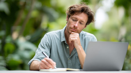 Focused man taking notes while working remotely on his laptop, enjoying the tranquility of a tropical garden, embracing the work and travel lifestyleの素材