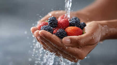 Chef washing fresh blackberries and strawberries under running water, preparing ingredients for a healthy summer detox drink, fresh juice, herbal infusion, or green smoothieの素材