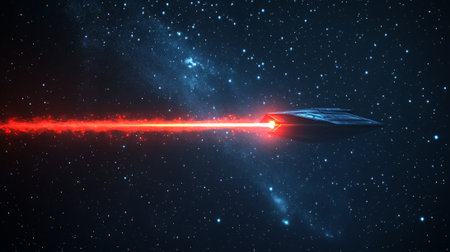 Futuristic spaceship is traversing the vast expanse of the galaxy, leaving a trail of vibrant red light in its wake as it travels at warp speedの素材