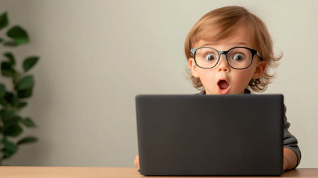 Surprised baby with eyeglasses using laptop, experiencing stress and needing time management, showing a funny reaction to technology and modern educationの素材