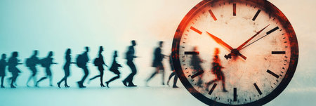 Business people are running fast with a large clock in the foreground, symbolizing the concept of stress, time management, and deadlines in a business environmentの素材