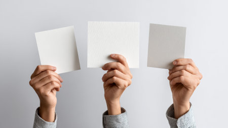 Multiple hands gripping blank square signs during peaceful protest, representing freedom of expression and civic engagement against blurred urban backgroundの素材