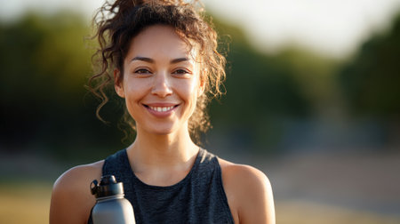 Smiling sporty woman holding a reusable water bottle, promoting healthy lifestyle and hydration during summer workouts for detox and overall well beingの素材
