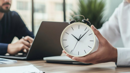 Businessman showing an alarm clock during a business meeting, highlighting the importance of time management, deadlines, and stress management in a professional environmentの素材