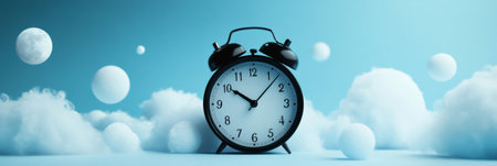 Ticking black alarm clock on a light blue surface surrounded by fluffy white clouds and spheres, evoking themes of time management, stress relief, and tranquilityの素材