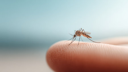 Mosquito preparing to bite human finger skin, potentially transmitting diseases like malaria, dengue fever, or zika virus, causing discomfort, itchiness, and health risksの素材
