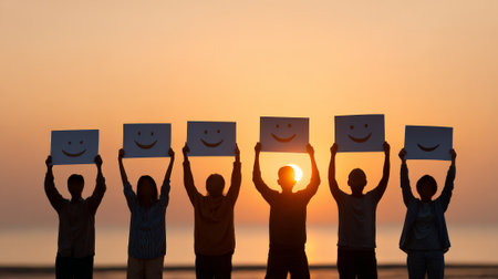 Silhouetted people are holding signs with smiley faces above their heads at sunset, symbolizing happiness, positivity, and good customer serviceの素材