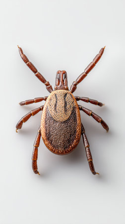 Close up of a tick crawling on a white background, highlighting its potential to spread dangerous diseases like lyme disease and encephalitisの素材
