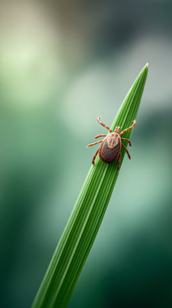 Encephalitis mite crawling on a green leaf in nature, representing the dangers of tick borne diseases and the importance of prevention in outdoor environmentsの素材