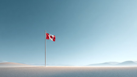 National flag of canada waving in the wind, standing tall against a clear blue sky in a vast, desolate landscape, creating a powerful symbol of national identity and resilienceの素材
