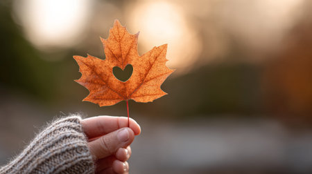 Hand wearing a wool glove holding a beautiful golden maple leaf with heart shaped hole against a blurred natural background during a warm sunset in autumnの素材