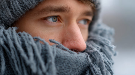 Close up portrait of a young man wearing a cozy wool hat and scarf, feeling the chill of autumns first cold days, with a softly blurred background enhancing the serene moodの素材