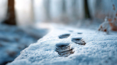 Footprints are emerging from a thin layer of snow on a wooden surface, possibly a bench or a boardwalk, in a serene winter forest, with sunlight filtering through the treesの素材