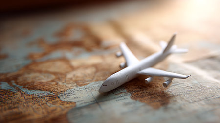 White toy airplane resting on a world map evokes a sense of wanderlust, inspiring dreams of exploring new cultures, discovering hidden gems, and experiencing the thrill of international travelの素材