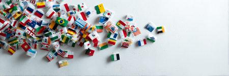 Small flags of the world creating a sense of global unity, celebrating diversity, and promoting international cooperation on a white backgroundの素材