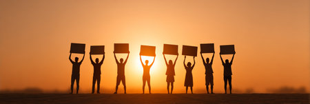Silhouetted figures holding blank signs during a vibrant sunset, symbolizing protest, demonstration, or social activism, conveying messages of unity, change, and hope for the futureの素材