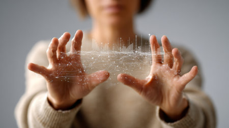 Businesswoman presenting a hologram of a financial chart, illustrating concepts of artificial intelligence, big data, machine learning, and neural networks in a modern, innovative contextの素材
