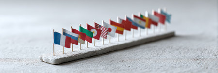 National flags representing various countries, including france, russia, and the usa, arranged in a row on gray concrete, symbolizing global cooperation and unityの素材