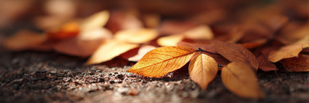 Fallen leaves in warm autumnal colors lay on the dark ground of a forest floor, illuminated by golden sunlight, creating a serene and beautiful autumn sceneの素材