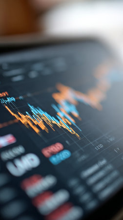 Colorful stock market data chart showing growing trends displayed on a mobile screen, suggesting a positive financial growth in the global economyの素材