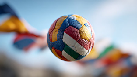 Soccer ball with colorful panels representing flags of various nations floating against a blurred background of flags, symbolizing global soccer tournaments and international cooperationの素材
