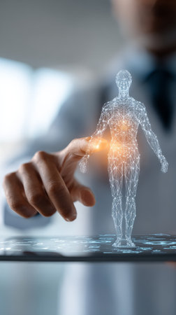 Medical professional examining holographic human anatomy using artificial intelligence, analyzing diagnostic data with advanced technological interface for precision healthcareの素材