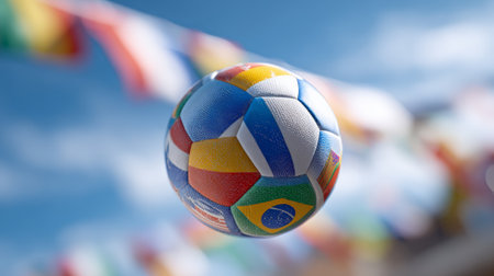Soccer ball with flags representing participating countries floating against a blurred background of colorful flags during an international tournament, celebrating global unity and sportsmanshipの素材