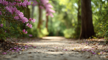 Fallen pink azalea blossoms gently carpet a tranquil forest path, creating a serene spring scene with soft, dappled sunlight filtering through the treesの素材