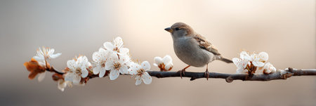 Perched on a flowering tree branch, a house sparrow basks in the warm spring sunlight, surrounded by the vibrant beauty of blooming nature and the tranquil essence of the seasonの素材