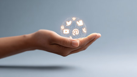 Hand holds a glowing sphere containing various social media icons, representing the concept of global communication and digital networking in a futuristic styleの素材