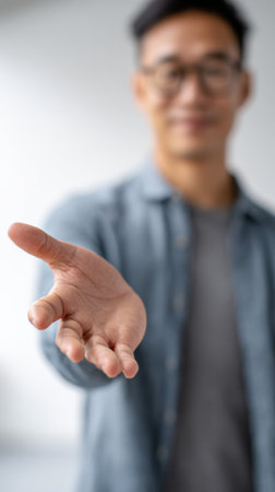 Smiling businessman extending his hand for a handshake, symbolizing support, collaboration, and trust in a business agreement, fostering connections and opportunities for successの素材