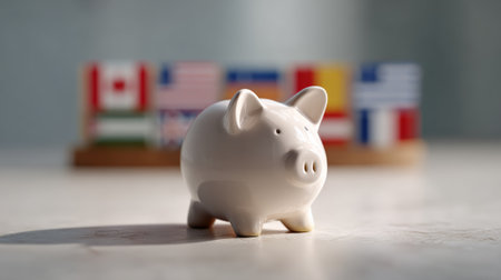 White piggy bank sits on a table with blurred international flags in the background, representing the concept of global savings, investments, and financial growth across different countriesの素材