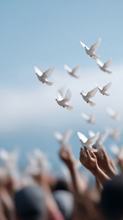White doves flying in the sky, representing peace and hope, during an international day of peace celebration, with hands reaching out, symbolizing unity and harmonyの素材