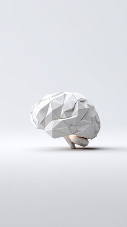 White polygonal brain hovering over a white surface represents the concepts of artificial intelligence, machine learning, and deep learning, symbolizing the future of technology and innovationの素材