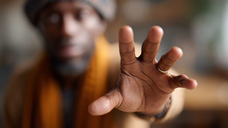 Blurred dark skinned man reaching out with an open hand, expressing a gesture of stopping while simultaneously asking for help, offering protection, and seeking supportの素材