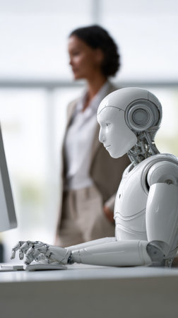 Advanced humanoid robot efficiently working on a computer keyboard while a female manager observes its performance in a modern office environment, showcasing the integration of ai in the workplaceの素材
