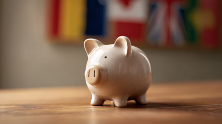 Piggy bank resting on wooden table with blurred international flags in the background, symbolizing global savings, investments, and financial growth across different countriesの素材