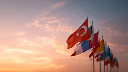 National flags from different countries are waving gently in the wind against a beautiful sunset sky, symbolizing international relations, cooperation, and global communityの素材