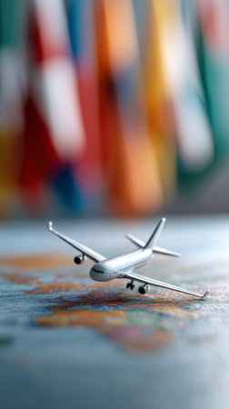 Silver toy airplane flying over world map with blurred international flags in the background, representing global travel, tourism, and international relationsの素材