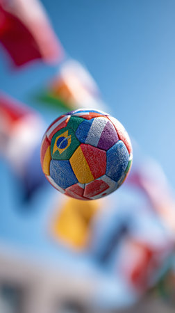 Soccer ball adorned with flags from various countries floats against a blurred backdrop of vibrant flags under a clear blue sky, representing global unity in sportsの素材