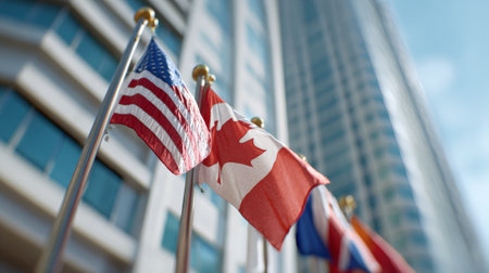 Flags of different countries waving in the wind in front of a modern glass building, representing international cooperation, global business, or political alliancesの素材