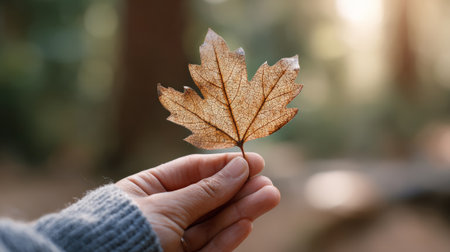 Hand gently holding a delicate, dried maple leaf with intricate veins, showcasing the beauty of autumn in a serene forest setting with soft, warm sunlight filtering through the treesの素材
