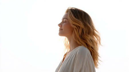 Profile of a serene young woman with long, wavy blonde hair, closing her eyes and taking a deep breath of fresh air, conveying a sense of tranquility and peace against a bright white backgroundの素材