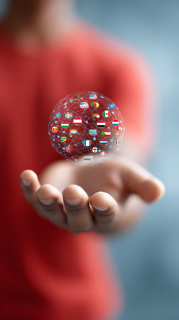 Hand holds a digital sphere showcasing interconnected world flags, symbolizing global communication, international relations, and worldwide connectivity in a technology driven eraの素材